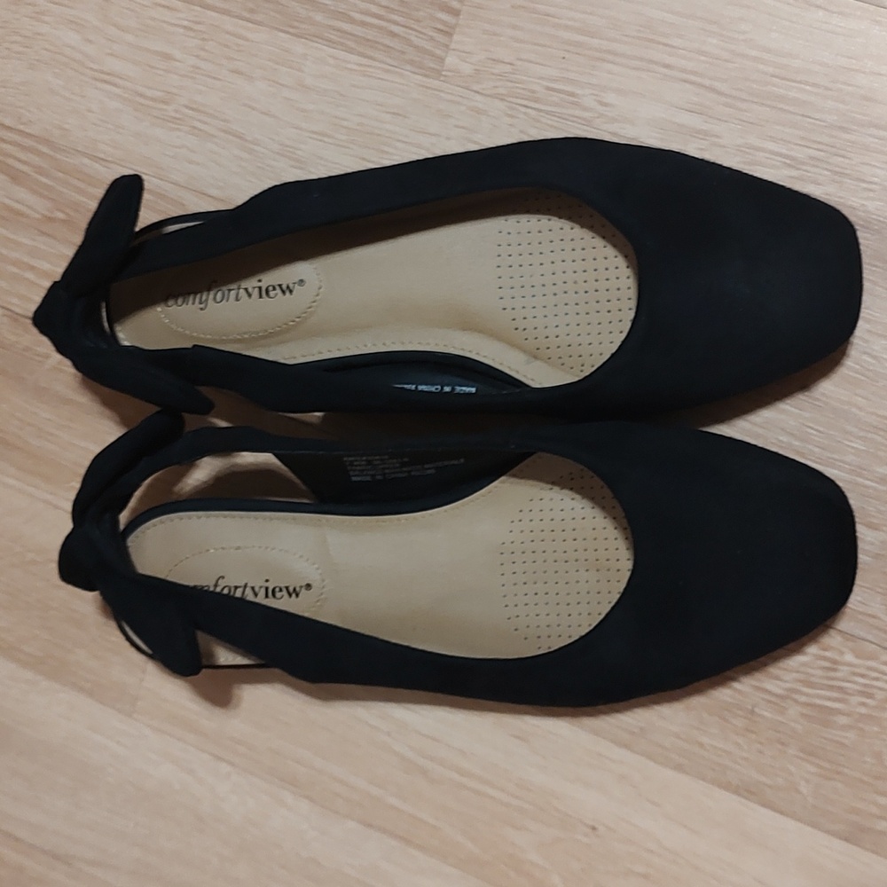 Comfortview Amie Faux Suede Slingback Flats Black Bow Accent Square Toe Size 7WW